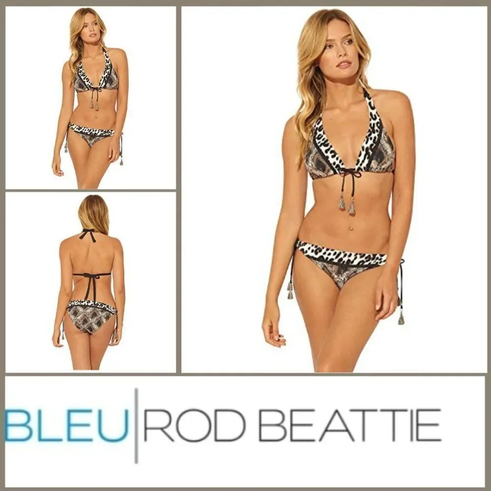 Bleu Rod Beattie Animal Print Triangle Bikini Top Tie Side Hipster Botto…